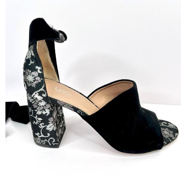 LEWIT Women's Size 9 Black Floral Velvet Tie Wrap Open Toe Block Heels Shoes - Picture 11 of 14